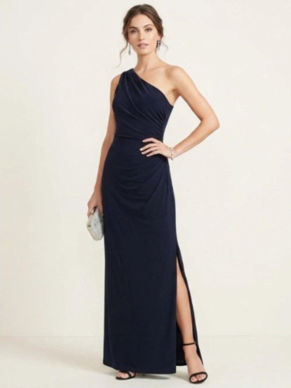 Betsy & Adam Womens Plus Formal Shirred One Shoulder Gown Size 16W-18W Navy Blue